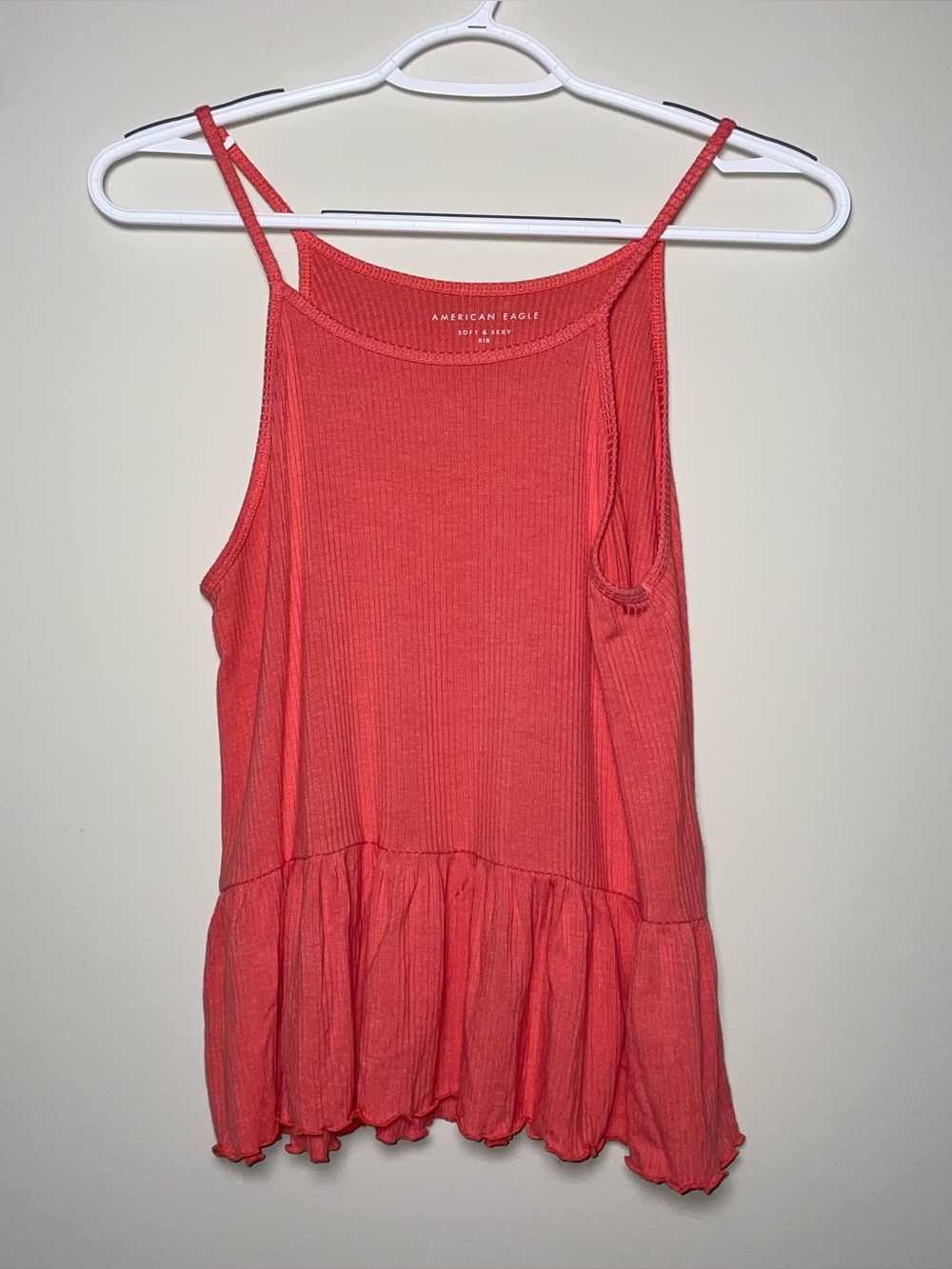American Eagle Soft And Sexy Rib Coral Peplum Tank Top Summer Colorful Preppy